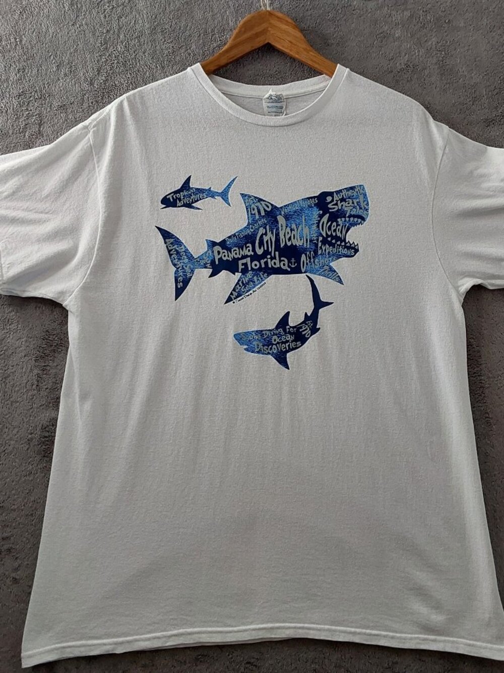 Panama City Beach Shark Graphic T Shirt Mens Large White Florida Souvenir Tee